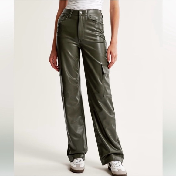 Abercrombie & Fitch 90s Relaxed Olive/Green Cargo Faux Leather Pants Y2K - Picture 1 of 11